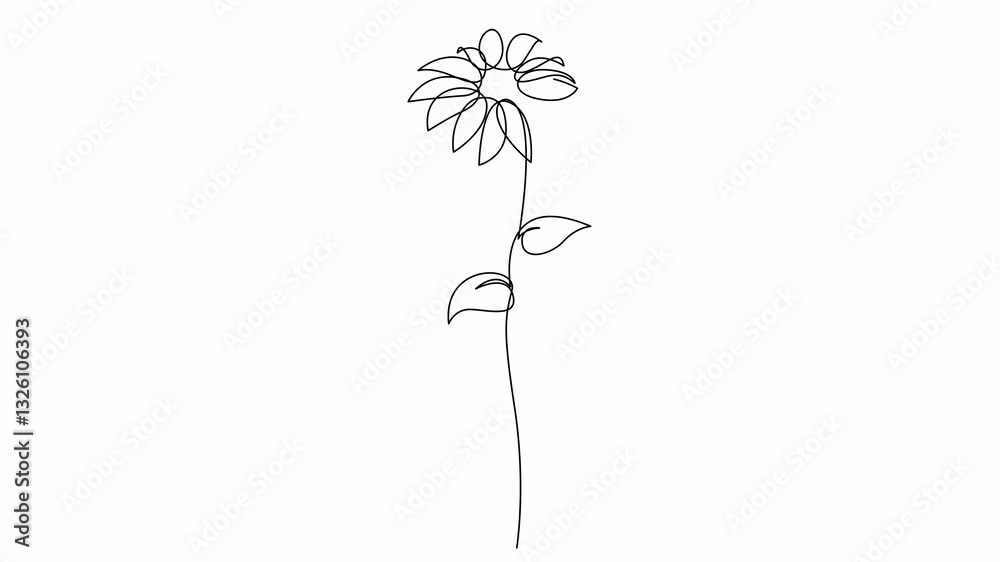 Self drawing animation of continuous single line wild flower. Trendy hand drawn line art, botanical design. 4K animated video.