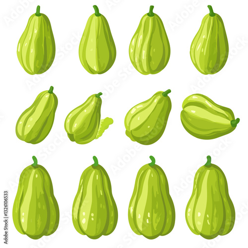 Very Simple flat 2D icon chayote set collection isolated on a white background, vector, flat design, animation design, simple flat 2D icon, minimalist design, clipart