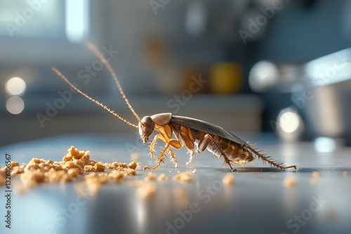 A close-up view of a cockroach moving across a kitchen counter, closely interacting with food crumbs scattered nearby. The focus reveals details of the insect against a blurred kitchen background