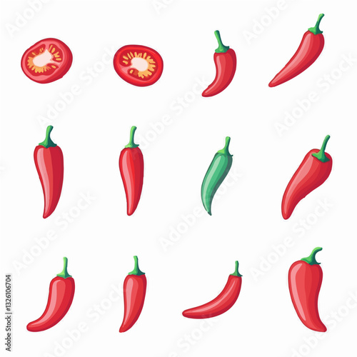 Very Simple flat 2D icon Chili set collection isolated on a white background, vector, flat design, animation design, simple flat 2D icon, minimalist design, clipart