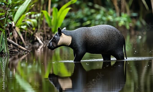 A solitary tapir wades through a tranquil rainforest stream, surrounded by lush greenery and reflections