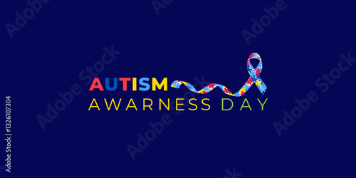World Autism Awareness Day Supporting Neurodiversity logo Illustration backdrop banner poster wed social media post. Autism Awareness Day Logo with Heart-shaped puzzle with hands and ribbon