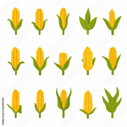 Very Simple flat 2D icon yellow corn set collection isolated on a white background, vector, flat design, animation design, simple flat 2D icon, minimalist design, clipart