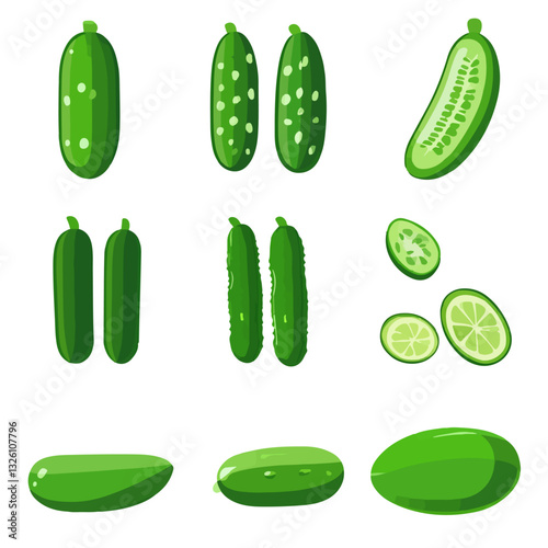 Very Simple flat 2D icon sliced cucumber set collection isolated on a white background, vector, flat design, animation design, simple flat 2D icon, minimalist design, clipart