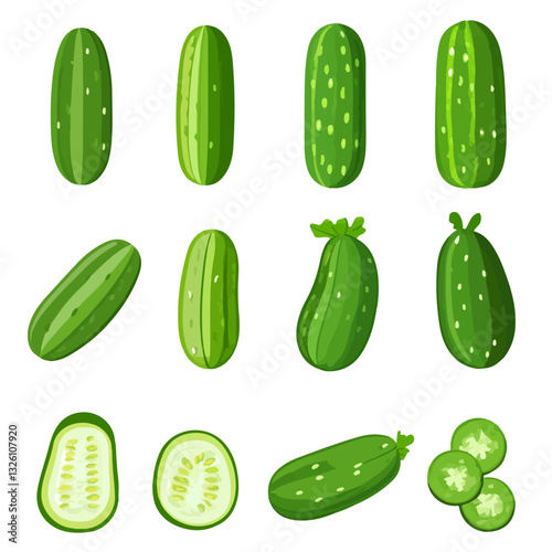 My Simple flat 2D icon sliced green cucumber set collection isolated on a white background, vector, flat design, animation design, simple flat 2D icon, minimalist design, clipart