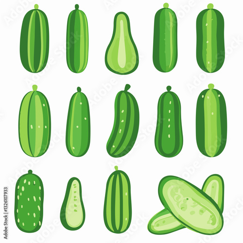 Very Simple flat 2D icon sliced cucumber set collection isolated on a white background, vector, flat design, animation design, simple flat 2D icon, minimalist design, clipart