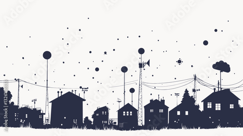 The image is a stylized illustration of a cityscape at night or dusk.  The illustration is rendered in a monochromatic dark blue/indigo color palette against a white background.  It depicts a row