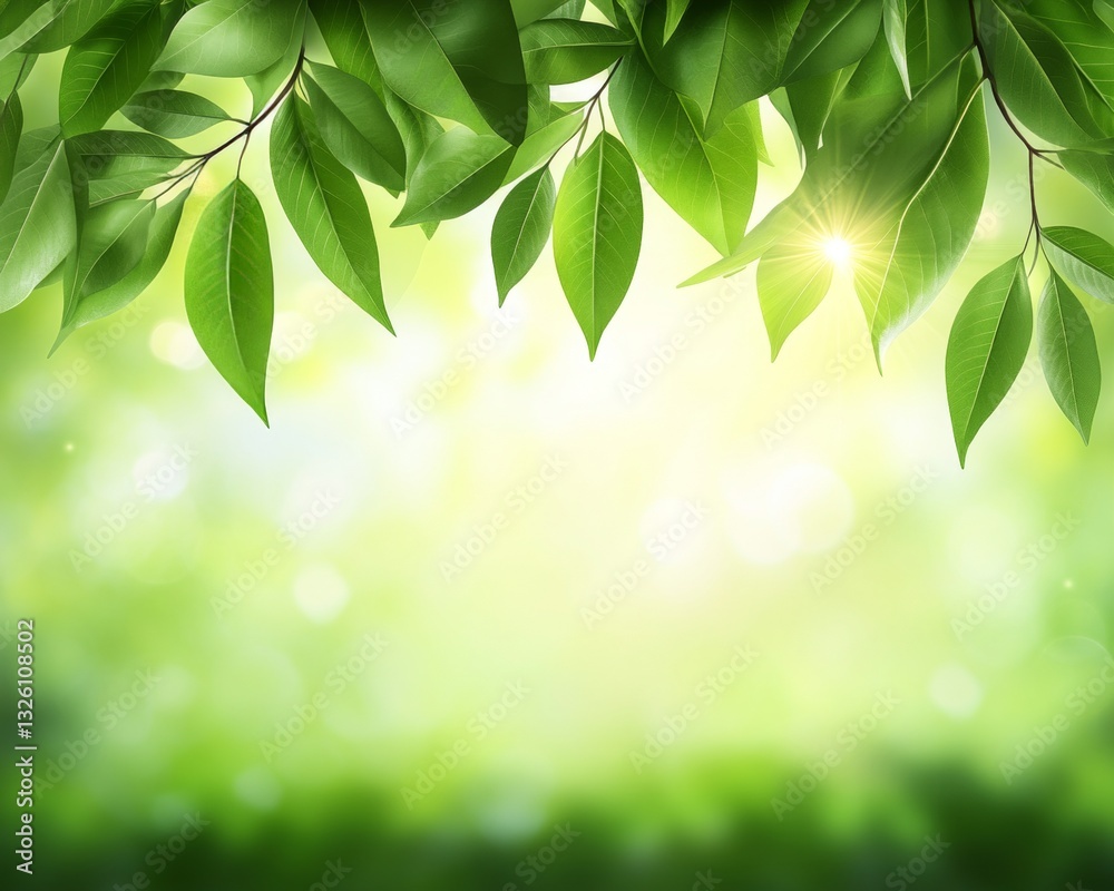 Fresh Spring Foliage with Sunlight, Natural Background with Green Leaves and Copy Space