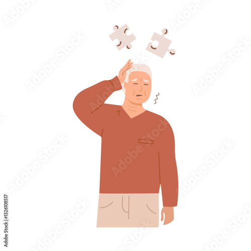 Elderly man experiencing memory loss and cognitive decline, touching his head with confused expression. Alzheimer disease dementia concept. Flat Style Vector Illustration isolated on white background.