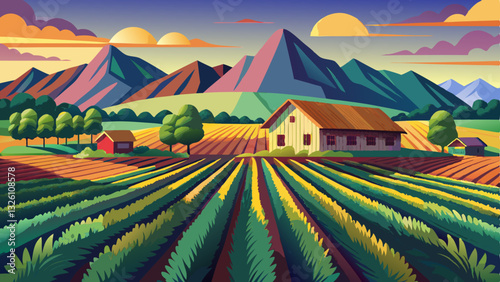 farm, with rows of crops in the foreground and mountains in the background, created with
