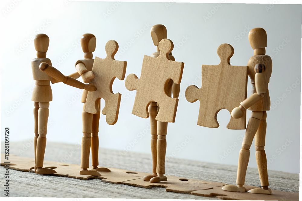 group interactions, Wooden figurines collaborate to solve a puzzle representing teamwork, collaboration, and unity in a creative and artistic setting with natural light