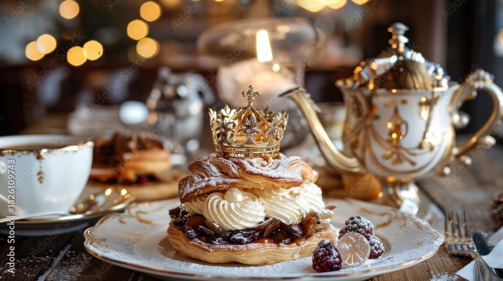 Fototapeta premium Elegant Dessert Display with Crown and Tea Set on Rustic Table