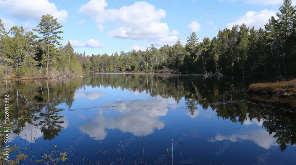 Fototapeta premium A tranquil lake surrounded by pine trees, reflecting the blue sky and clouds