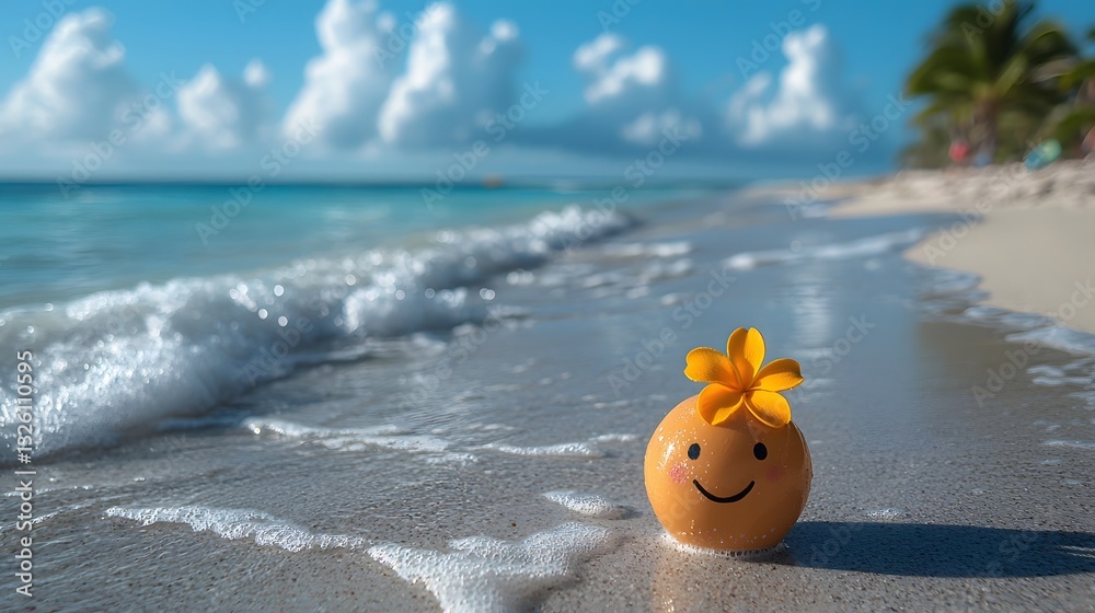 Naklejka premium Cheerful beach scene with a smiling emoji on the sand