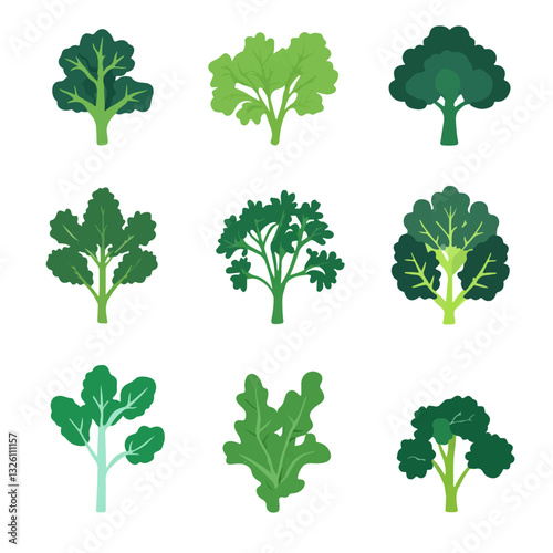 My Simple flat 2D icon kale leaves collection isolated on a white background, vector, flat design, animation design, simple flat 2D icon, minimalist design, clipart