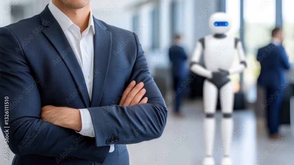 Businessman with crossed arms, robot in the background, office setting, robotics and business concept. Businessman with crossed arms, robot in the background, office setting, robotics and business concept.
