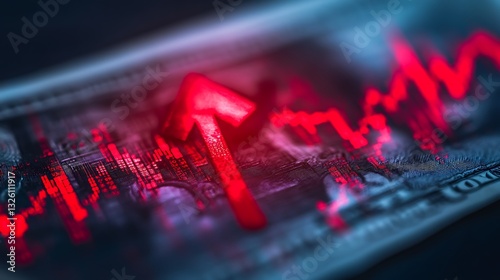Red Arrow on Financial Chart Indicating Economic Growth, A red upward arrow on a financial chart with a blurred US dollar bill in the background
