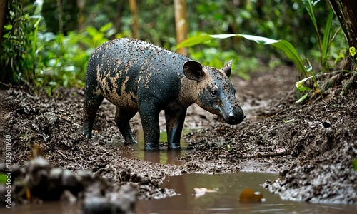 A tapir wades through a muddy forest path, surrounded by lush greenery and tropical foliage