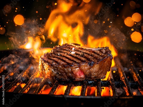 Juicy steak on a grill with flames licking the surface creating a dynamic action scene of cooking process