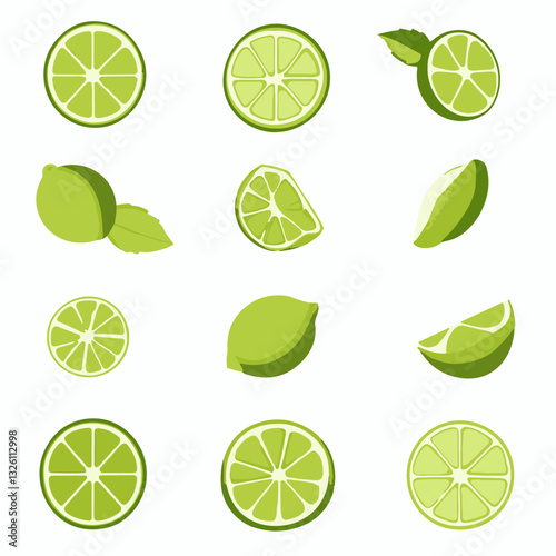 Very Simple flat 2D icon sliced lime set collection isolated on a white background, vector, flat design, animation design, simple flat 2D icon, minimalist design, clipart