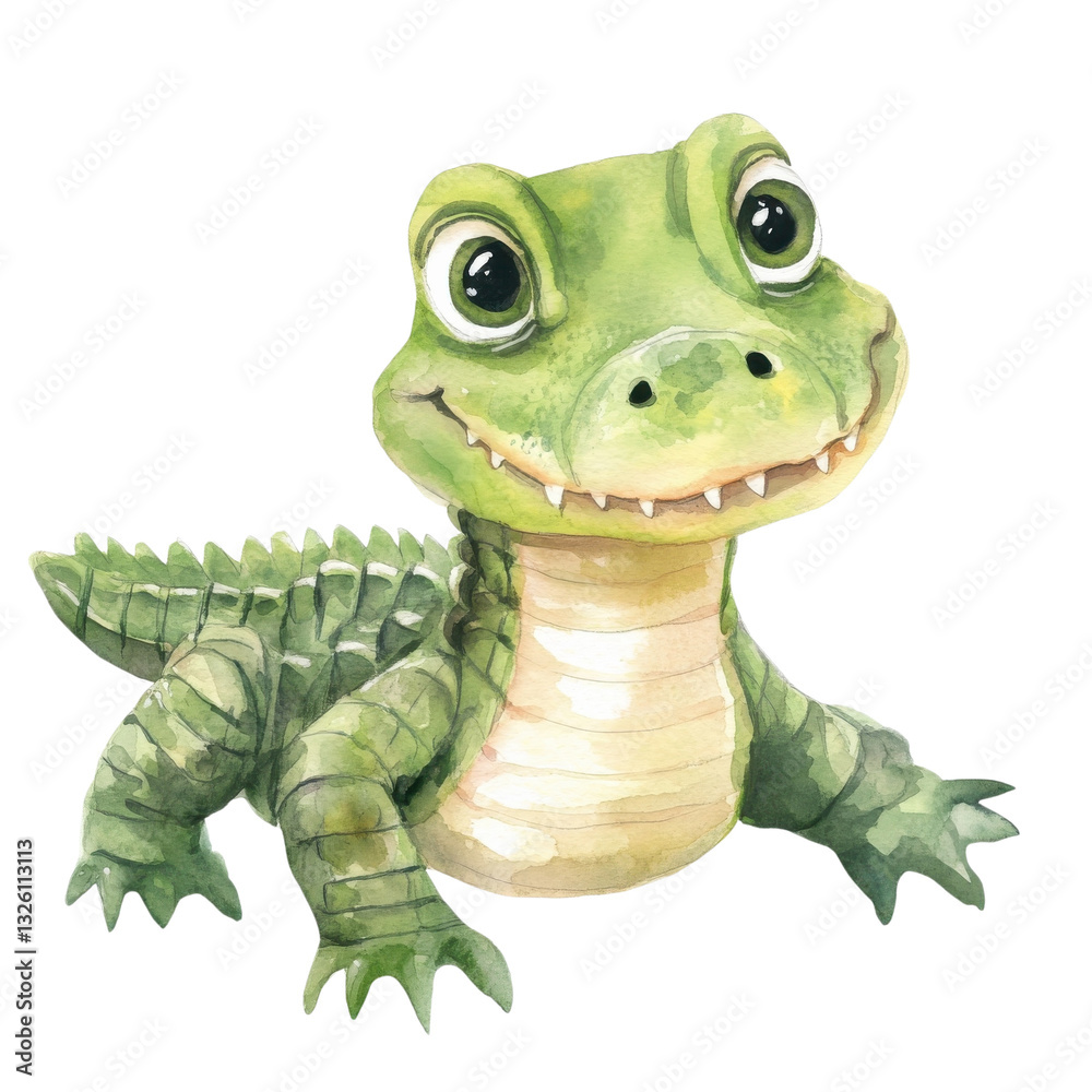 Fototapeta premium Watercolor crocodile illustration, cute green reptile character art, hand painted animal clipart for kids design isolated on Transparent Background