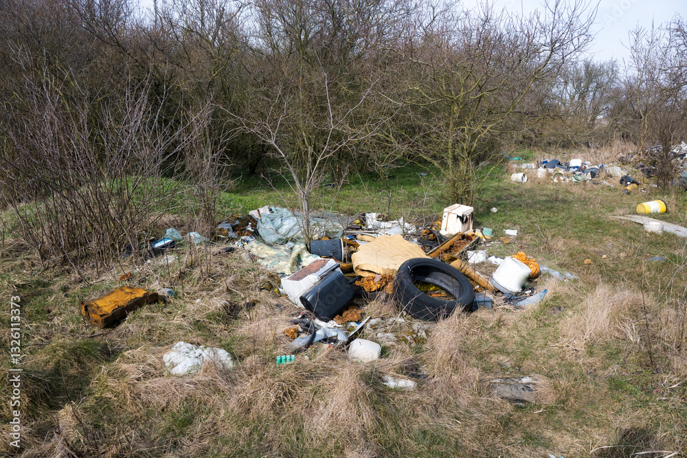 Illegal waste dump in the forest. Ecological disaster. Human stupidity, pollution of our own environment, the planet.
