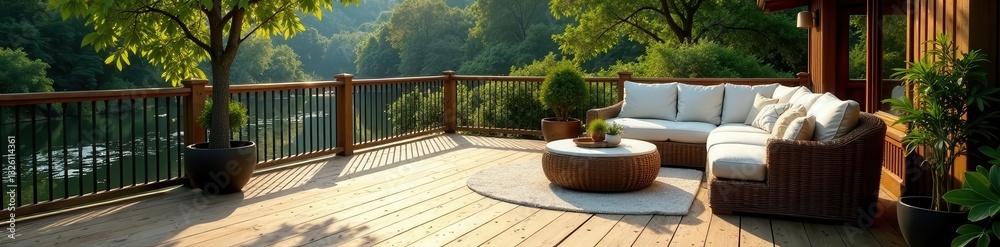 Large composite deck, comfortable wicker seating, wood grain, comfort Large composite deck, comfortable wicker seating, wood grain, comfort