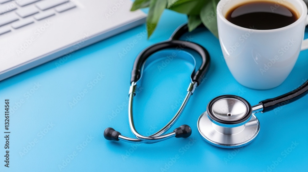 Close-Up of Stethoscope and Coffee Mug Near Laptop on Blue Desk Close-Up of Stethoscope and Coffee Mug Near Laptop on Blue Desk