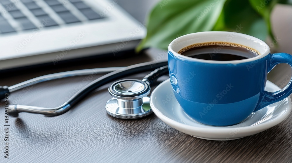 Coffee Cup on Table Next to Stethoscope and Laptop in Workspace Coffee Cup on Table Next to Stethoscope and Laptop in Workspace