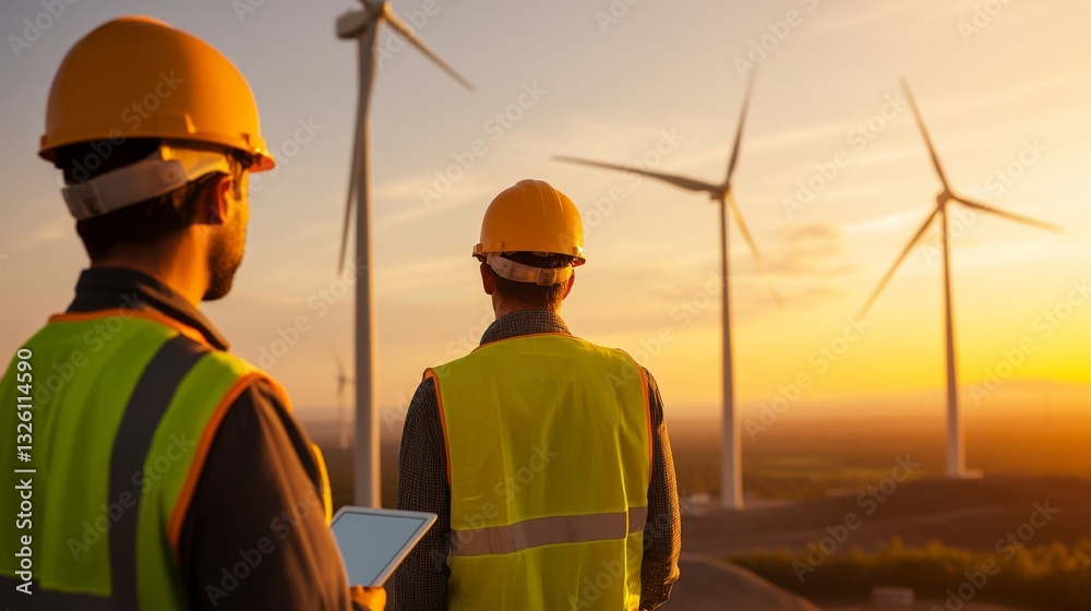 Engineers Overlooking Wind Turbines at Sunset in Renewable Energy Site Engineers Overlooking Wind Turbines at Sunset in Renewable Energy Site