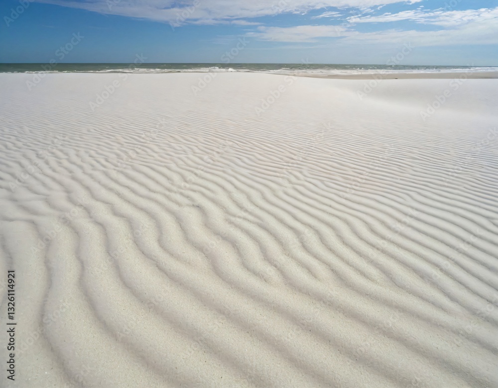 Fototapeta premium 흰 모래 위에 펼쳐진 물결 무늬.여름의 바닷가 배경.