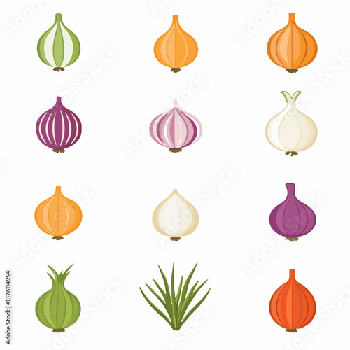 Very Simple flat 2D icon colorful onion set isolated on a white background, vector, flat design, vector, flat design, animation design, flat 2D icon, minimalist design, vector