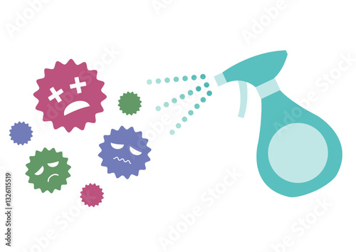 カラフルなギザギザのバイ菌をスプレーで除菌するイメージイラスト
