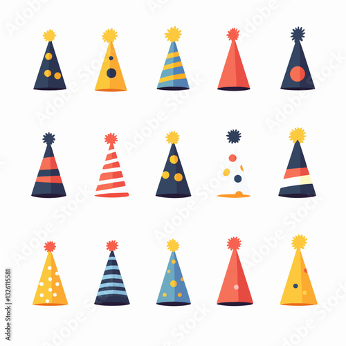 A Simple flat 2D icon party hats isolated on a white background, vector, flat design, vector, flat design, animation design, flat 2D icon, minimalist design, vector