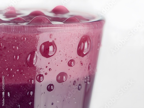 Refreshing close-up of a glass filled with vibrant fruit juice and droplets on its surface for a thirst-quenching appeal