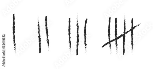 Grunge Tally Marks, Line or sticks doodle with brush strokes crossed out. Simple mathematical count visualization, prison or jail wall counter. Isolated vector illustration