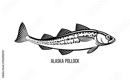 Alaska Pollock vector illustration of fish on on a white background. Seafood restaurant menu outline icon sign design. Wild nature, fishing, organic food