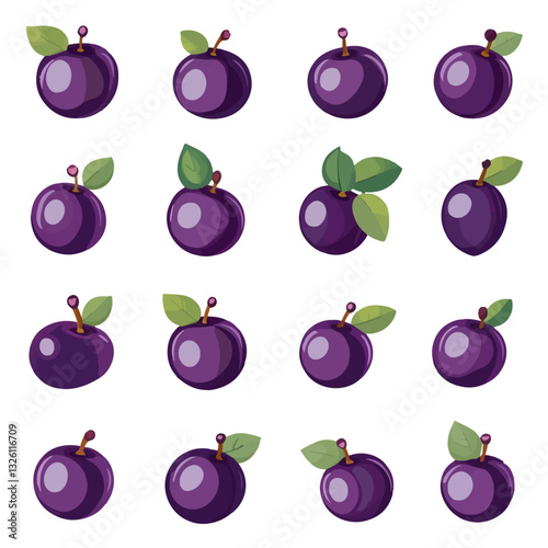 Very Simple flat 2D icon purple plum with leaves set collection isolated on a white background, vector, flat design, animation design, simple flat 2D icon, minimalist design, clipart