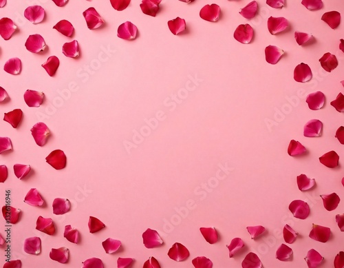 장미 꽃잎이 뿌려진 분홍색 그라데이션 배경. 