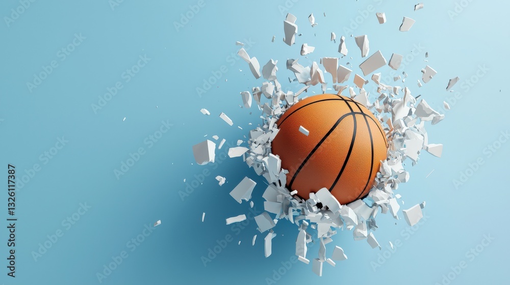 A basketball breaking through the barriers of a digital wall A basketball breaking through the barriers of a digital wall