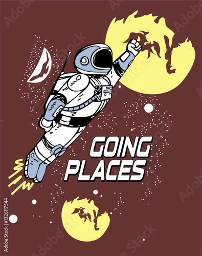Going places outer space astronaut cartoon hand drawn illustration vector 