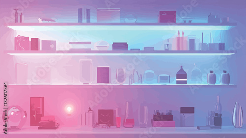 The image shows three glass shelves illuminated by pink and blue neon lights.  The shelves are filled with various bottles, containers, and other objects of varying shapes and sizes. Many appear to