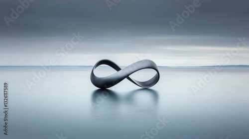A black infinity symbol sculpture is centered on a calm body of water.