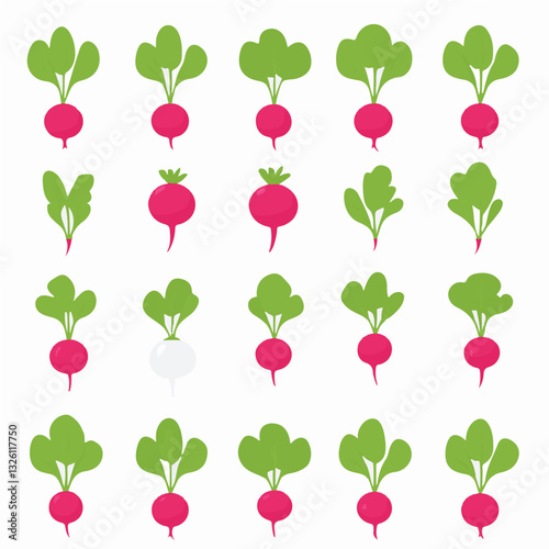 Very Simple flat 2D icon white and red radish set isolated on a white background, vector, flat design, vector, flat design, animation design, flat 2D icon, minimalist design, vector