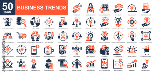 Business Trends icon collection set. Sales forecasting, market trends, sales analytics, business management, business marketing icon. Simple glyph color vector.