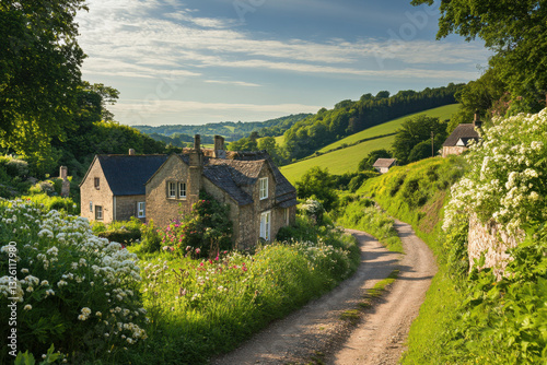 Picturesque english countryside road leading to charming stone cottages in rolling green hills