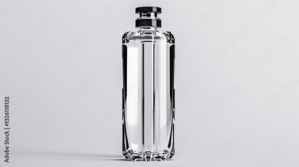 Elegant clear glass bottle with intricate design on a light background Elegant clear glass bottle with intricate design on a light background