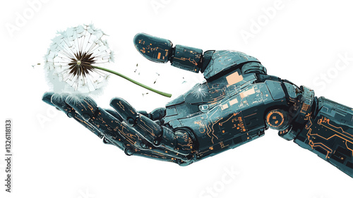 Close-up illustration depicting a metallic robotic hand gently holding a dandelion with seeds dispersing. The hand is detailed, showing mechanical components and a dark teal metallic finish. The