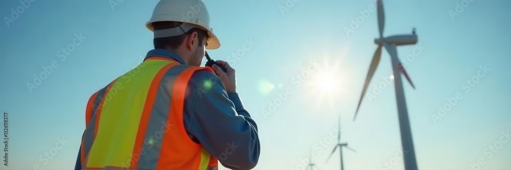 Fototapeta premium Worker in safety vest uses walkie-talkie near wind turbine , occupation, high voltage