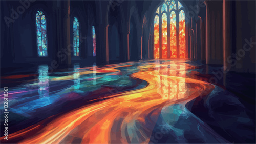 Digital illustration depicting a stylized interior of a gothic cathedral. The scene features a flowing, luminous river of vibrant colors (blues, oranges, reds) snaking through the central aisle.